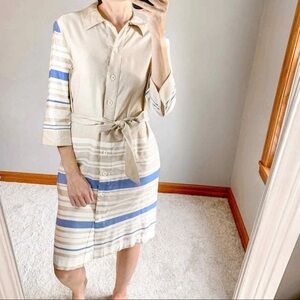 Faconnable Button Down Striped Belted Silk Linen Dress